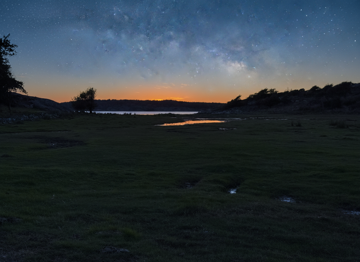 Sunset meadow with reflective pools