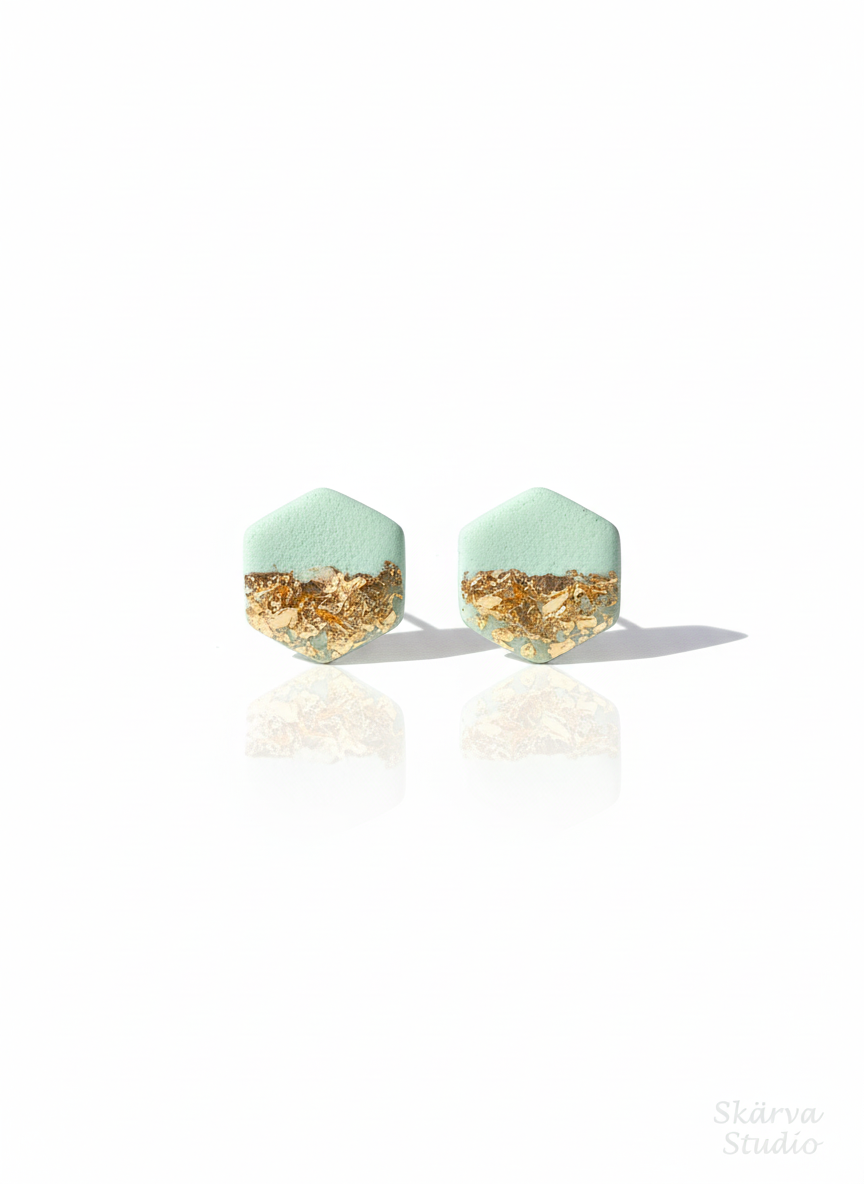 Mint + gold hex stud earrings