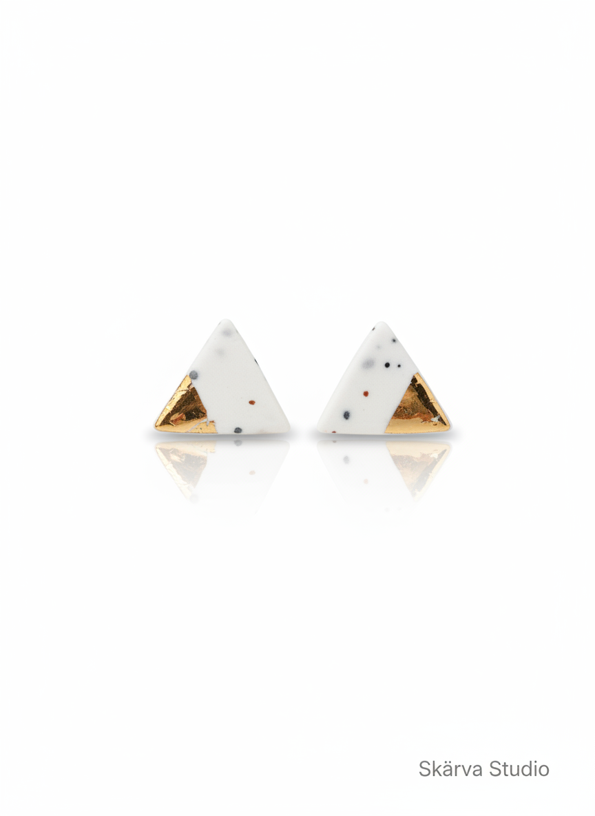 White marble triangle stud earrings with gold accent
