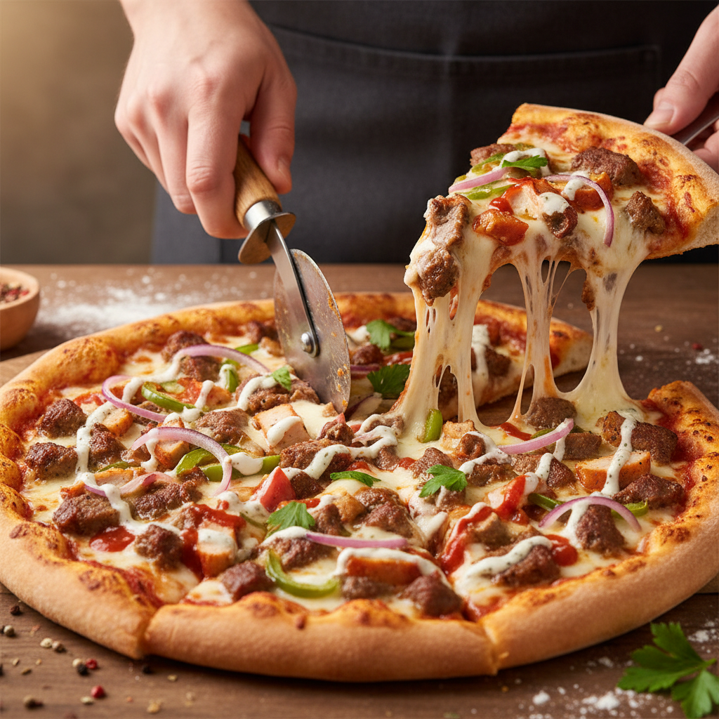 Kebab pizza closeup