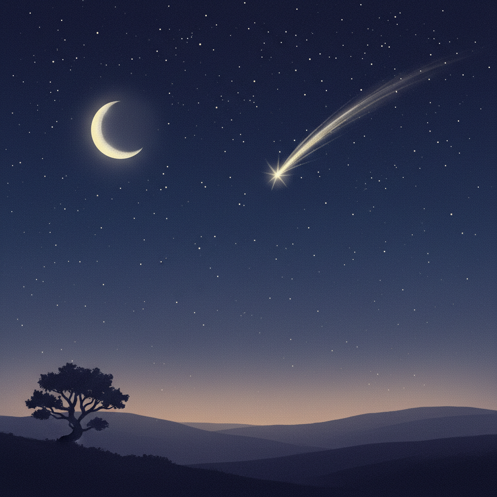 Starry night with crescent moon and shooting star